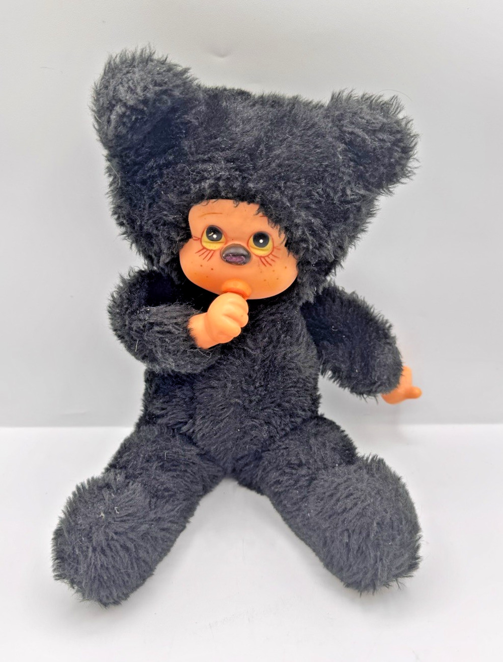 Vintage Monchhichi Doll Black Bear Suit Thumb Sucking Monkey Sekiguchi Plush Toy